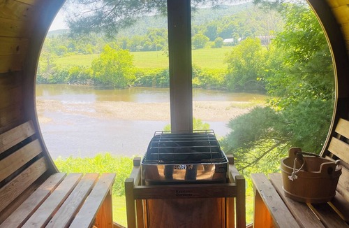 Johnson House | Haven Tiny House w hot tub on river near Stowe